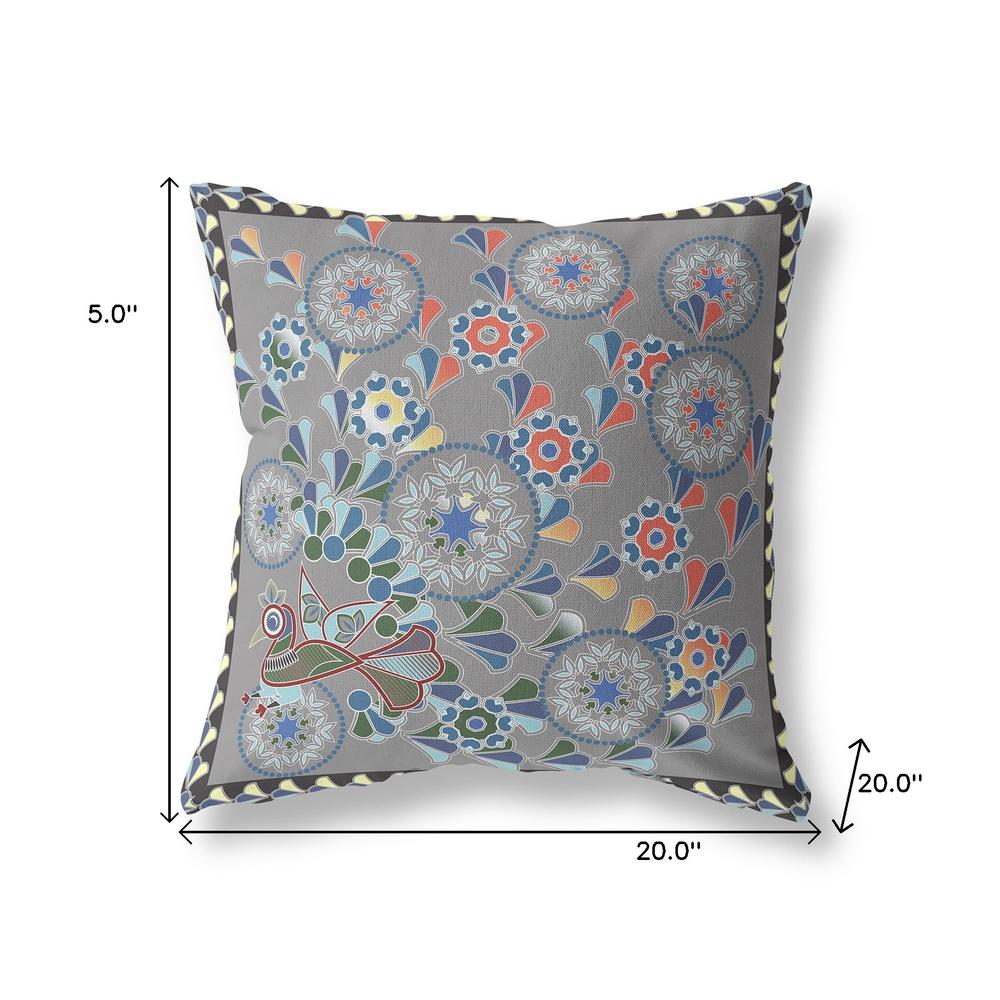 20" x 20" Gray Peacock Blown Seam Floral Indoor Outdoor Throw Pillow. Picture 7