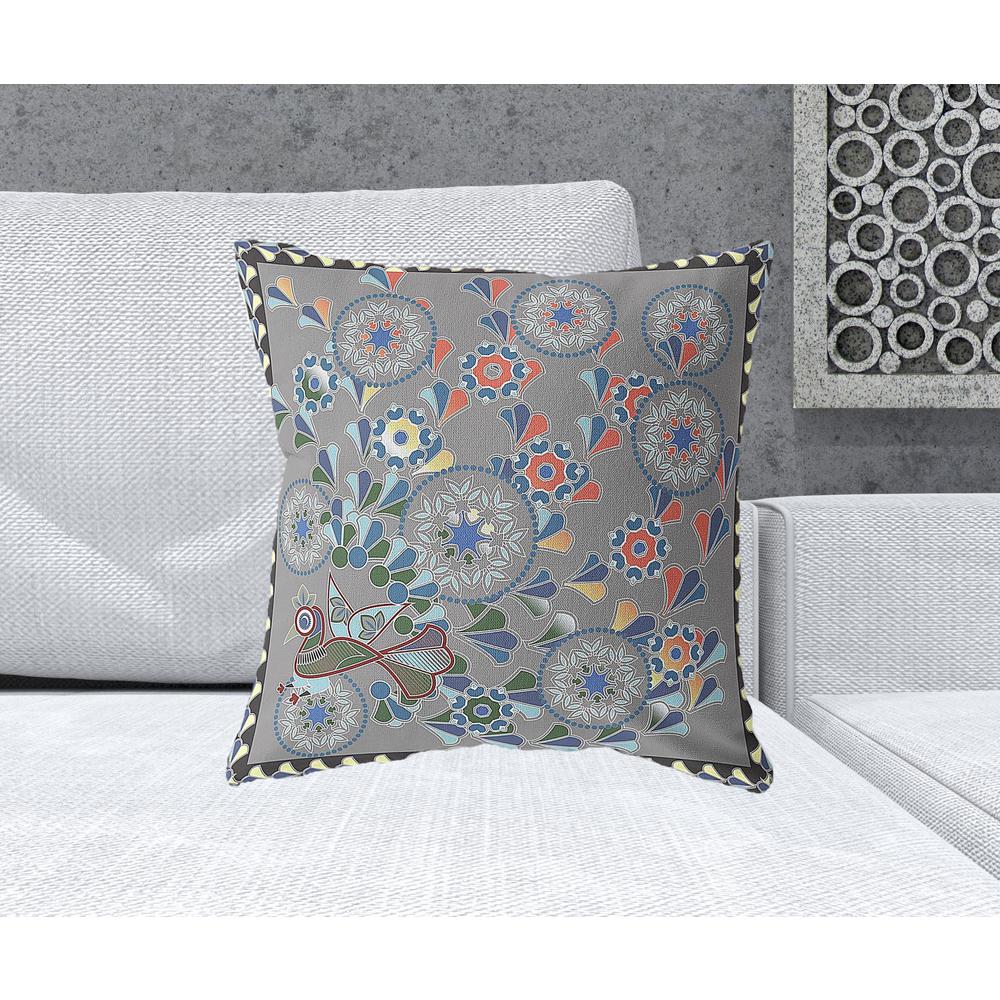 20" x 20" Gray Peacock Blown Seam Floral Indoor Outdoor Throw Pillow. Picture 2