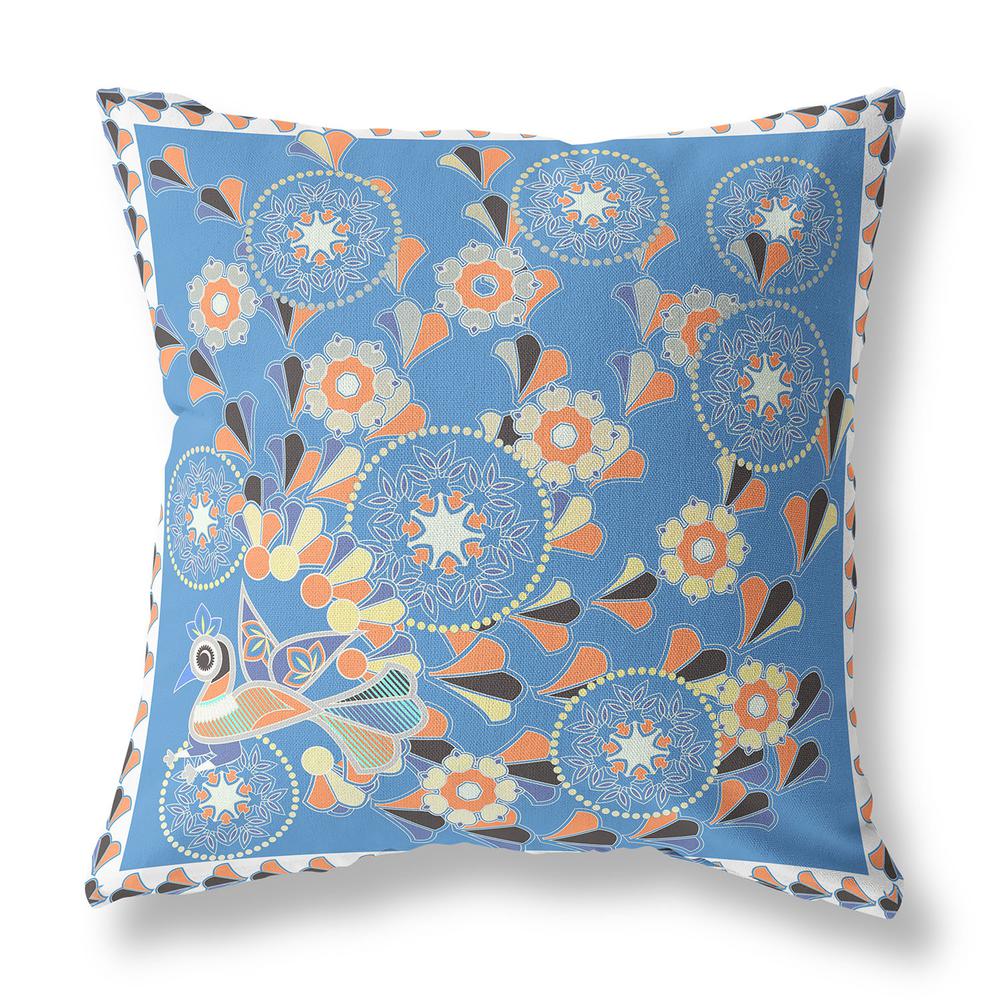 16" x 16" Blue and Orange Peacock Blown Seam Floral Indoor Outdoor Throw Pillow. Picture 1