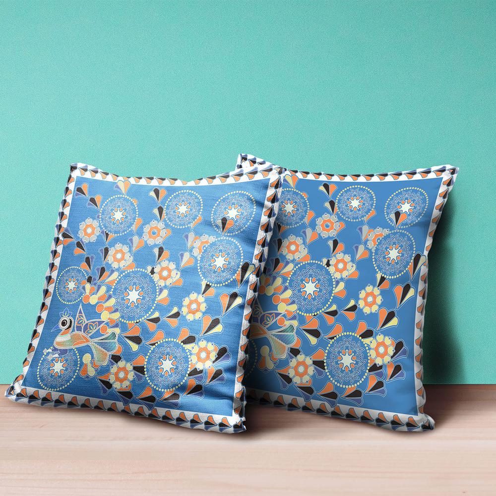 16" x 16" Blue and Orange Peacock Blown Seam Floral Indoor Outdoor Throw Pillow. Picture 4