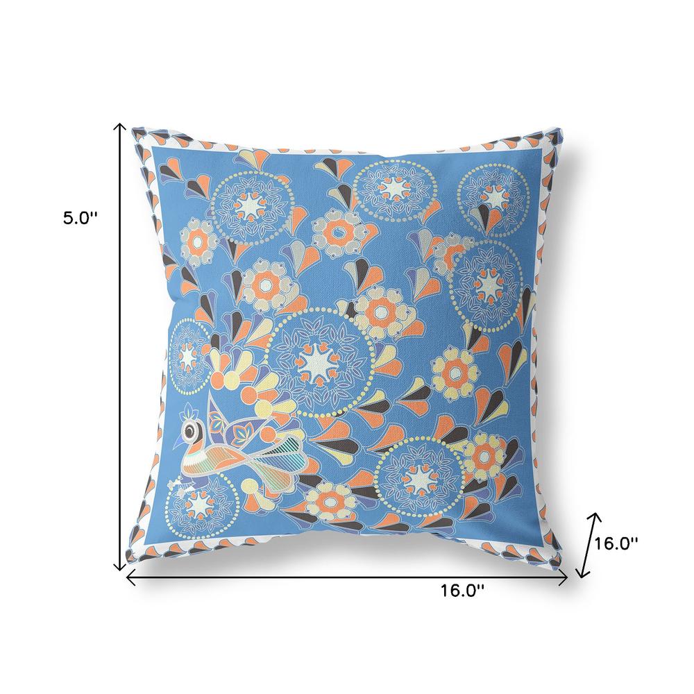 16" x 16" Blue and Orange Peacock Blown Seam Floral Indoor Outdoor Throw Pillow. Picture 7