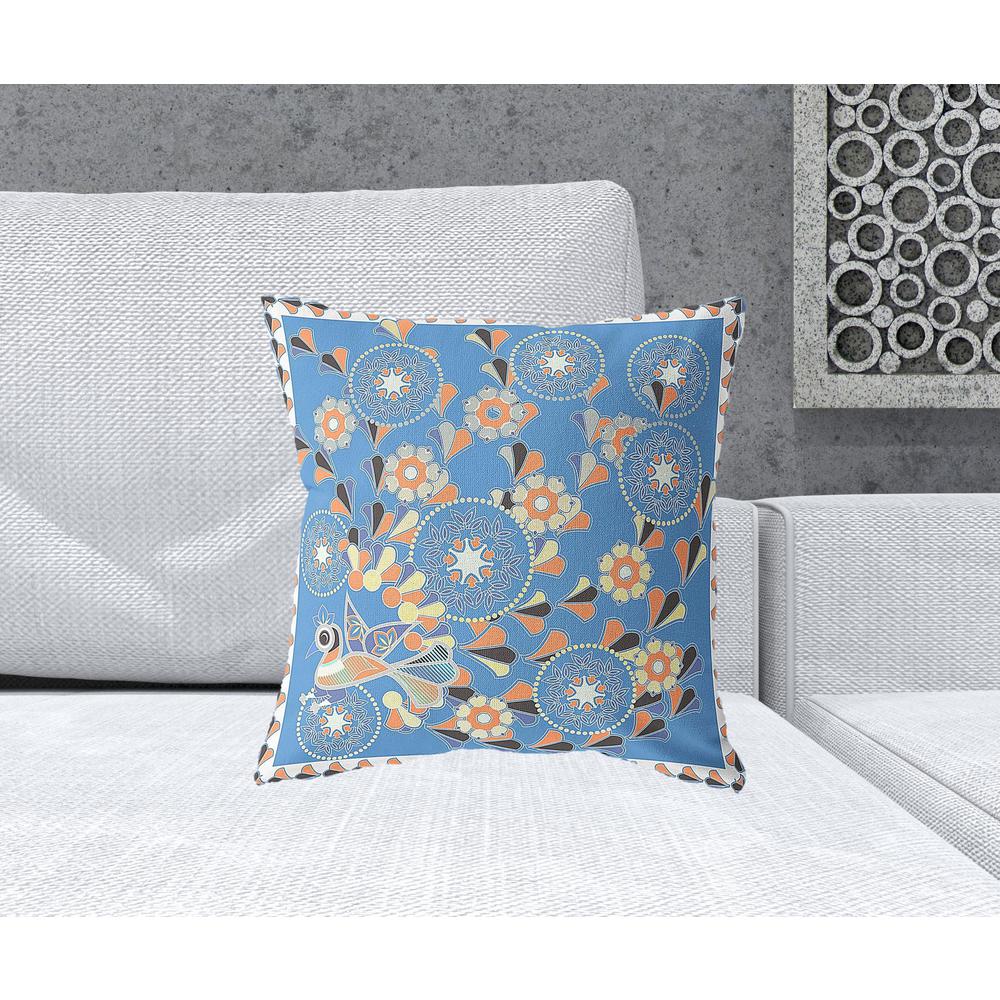 18" x 18" Blue and Orange Peacock Blown Seam Floral Indoor Outdoor Throw Pillow. Picture 2