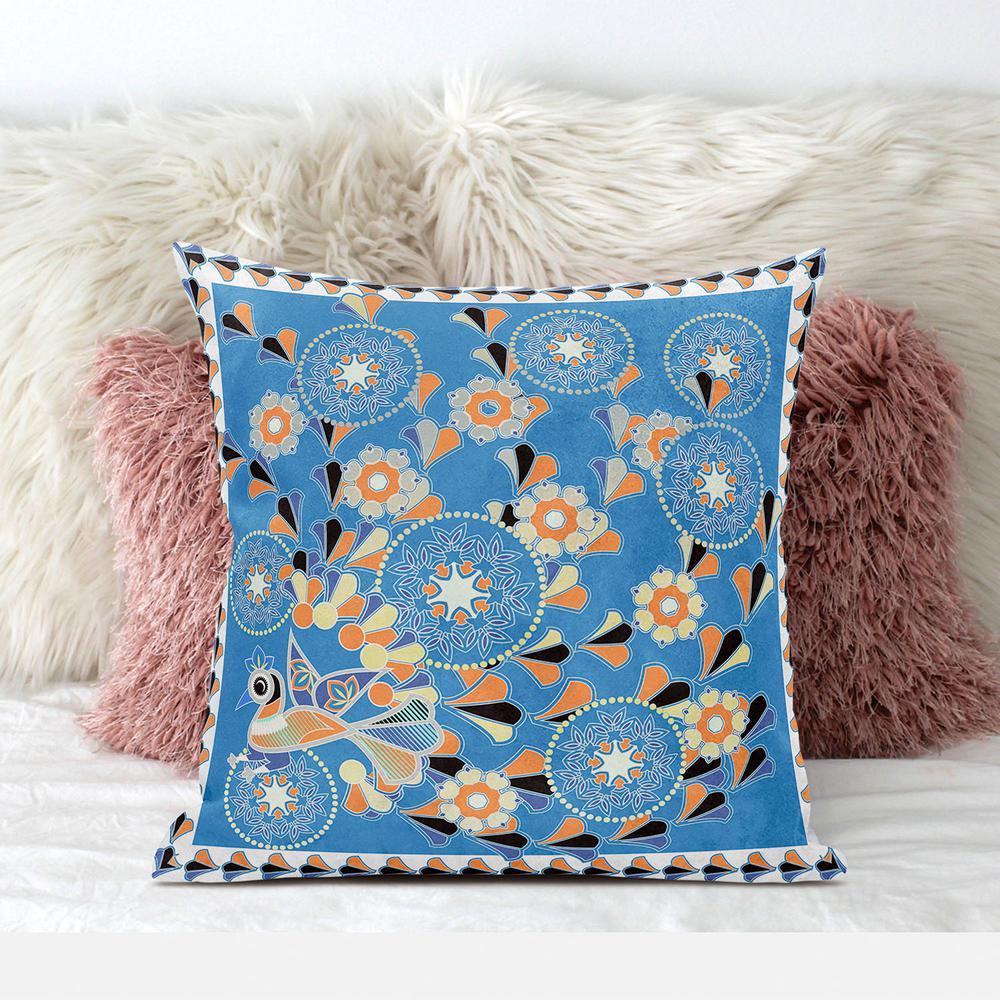 26" x 26" Blue and Orange Peacock Blown Seam Floral Indoor Outdoor Throw Pillow. Picture 3