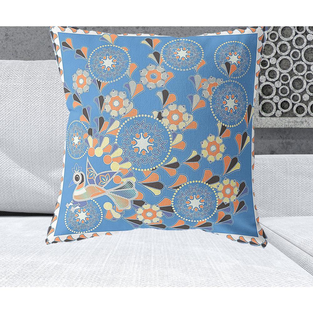 26" x 26" Blue and Orange Peacock Blown Seam Floral Indoor Outdoor Throw Pillow. Picture 2