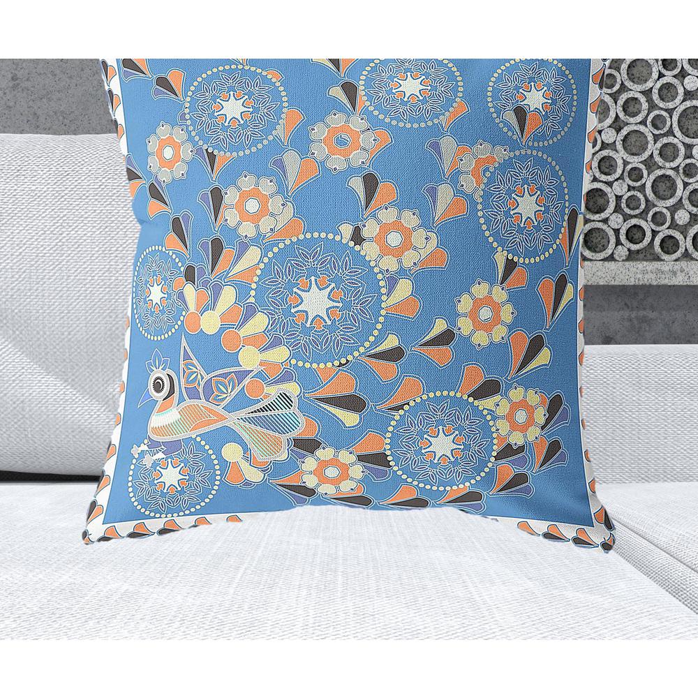 28" x 28" Blue and Orange Peacock Blown Seam Floral Indoor Outdoor Throw Pillow. Picture 2