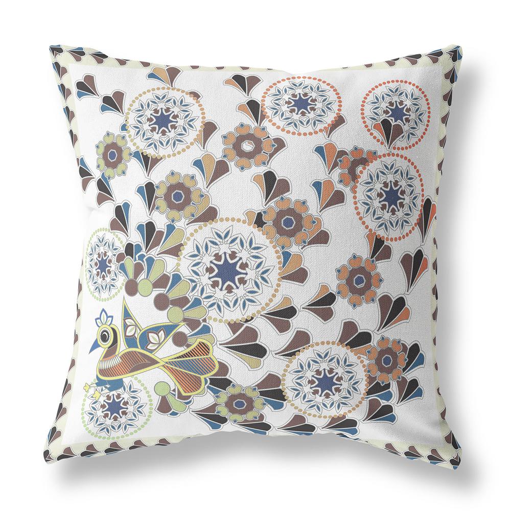 20" x 20" Off White Peacock Blown Seam Floral Indoor Outdoor Throw Pillow. Picture 1