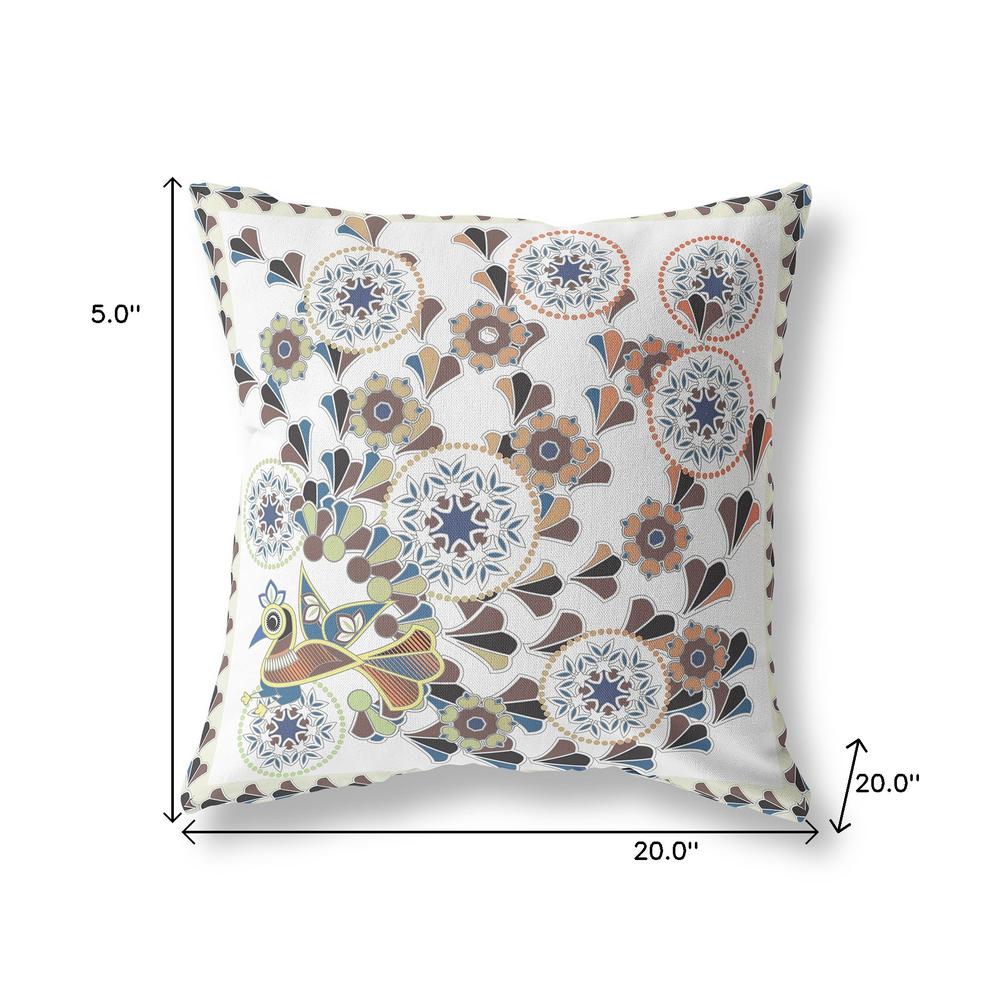 20" x 20" Off White Peacock Blown Seam Floral Indoor Outdoor Throw Pillow. Picture 7