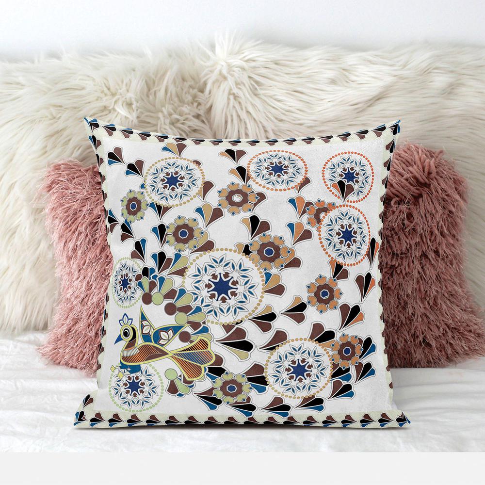 26" x 26" Off White Peacock Blown Seam Floral Indoor Outdoor Throw Pillow. Picture 3