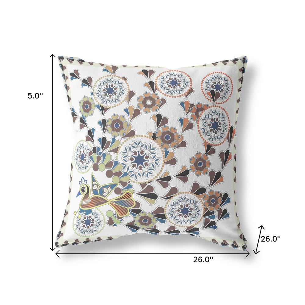 26" x 26" Off White Peacock Blown Seam Floral Indoor Outdoor Throw Pillow. Picture 7