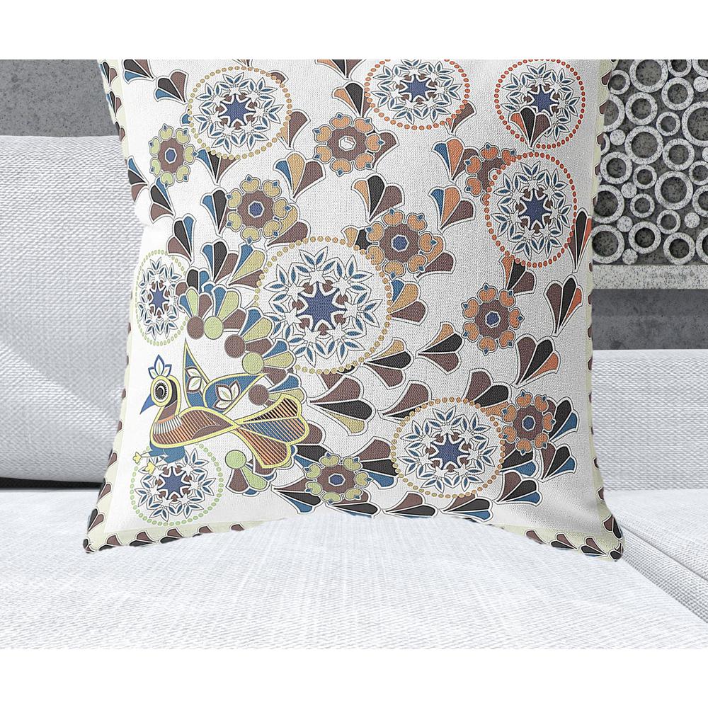 28" x 28" Off White Peacock Blown Seam Floral Indoor Outdoor Throw Pillow. Picture 2