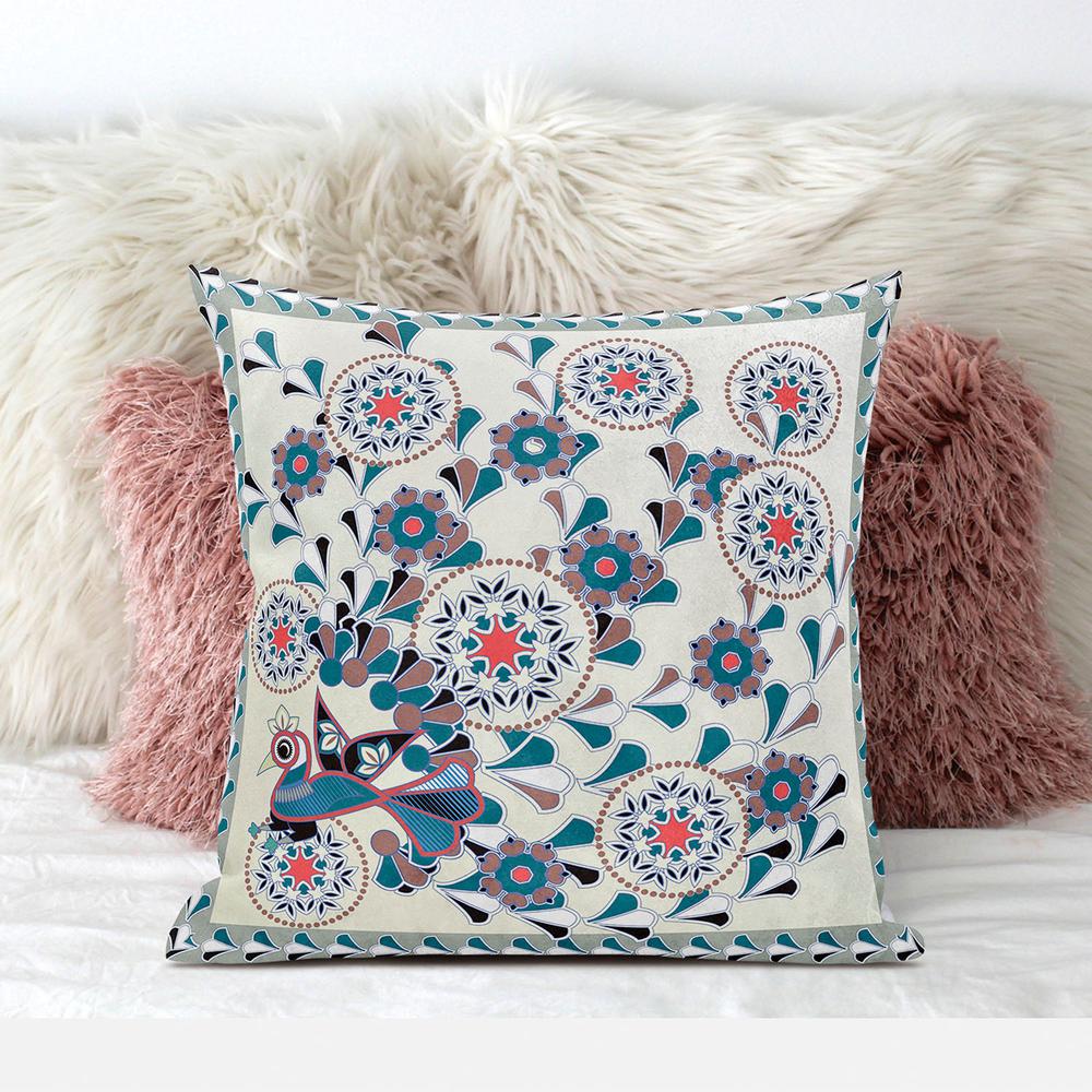 20" x 20" Off White Peacock Blown Seam Floral Indoor Outdoor Throw Pillow. Picture 3