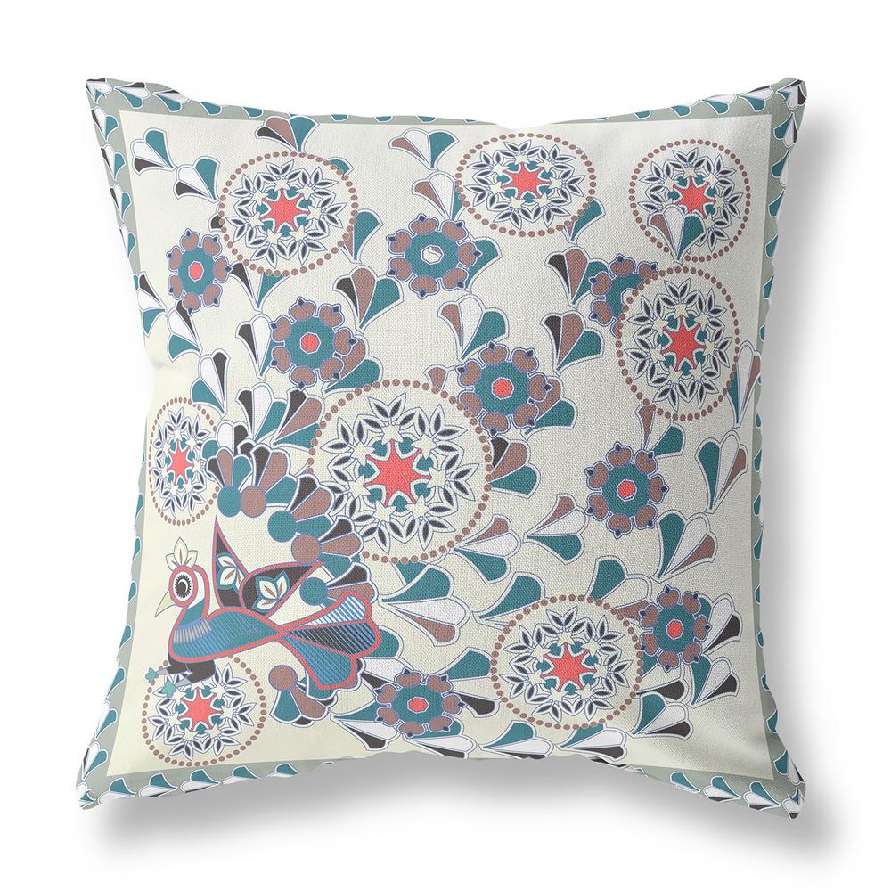 20" x 20" Off White Peacock Blown Seam Floral Indoor Outdoor Throw Pillow. Picture 1