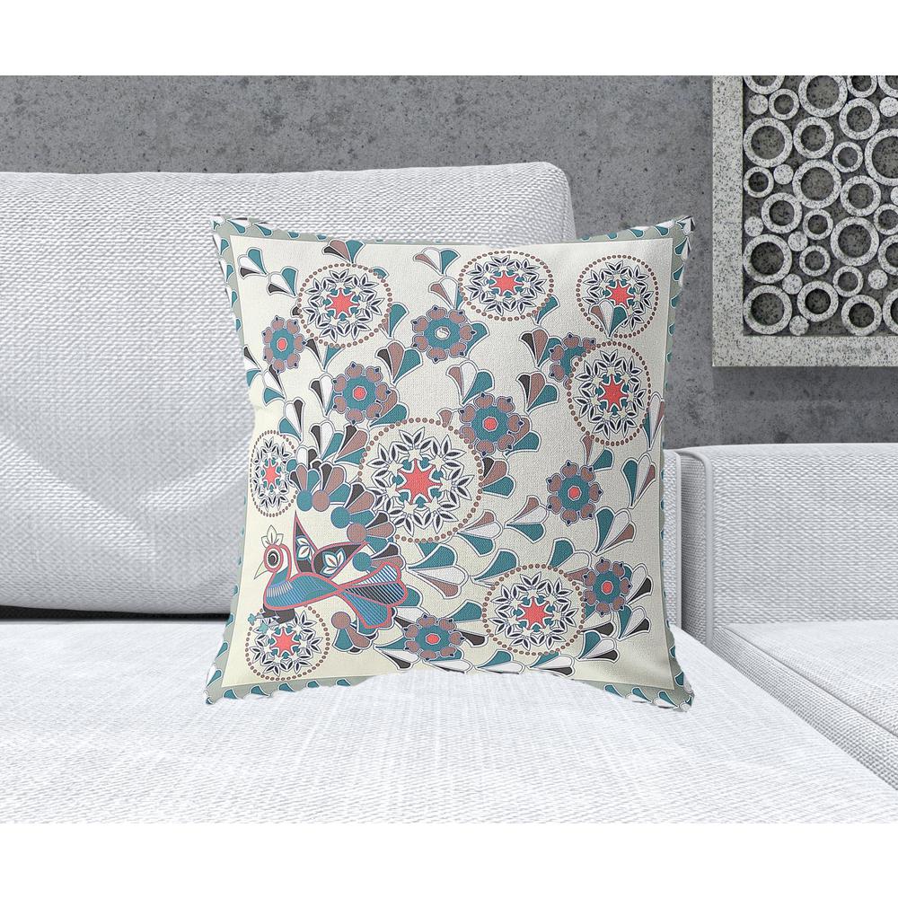 20" x 20" Off White Peacock Blown Seam Floral Indoor Outdoor Throw Pillow. Picture 2