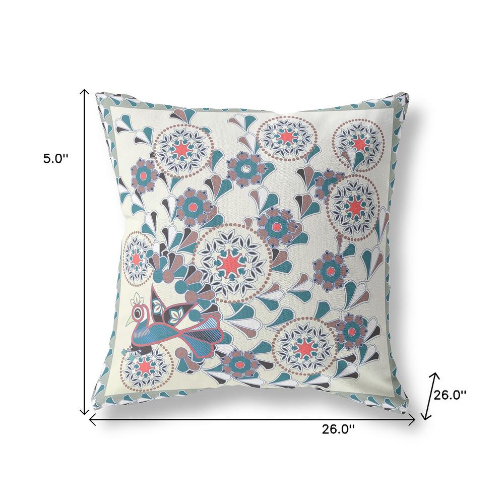 26" x 26" Off White Peacock Blown Seam Floral Indoor Outdoor Throw Pillow. Picture 7