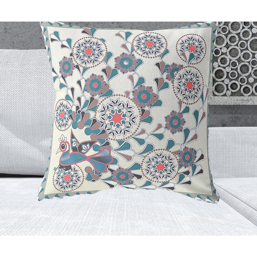 26" x 26" Off White Peacock Blown Seam Floral Indoor Outdoor Throw Pillow. Picture 2