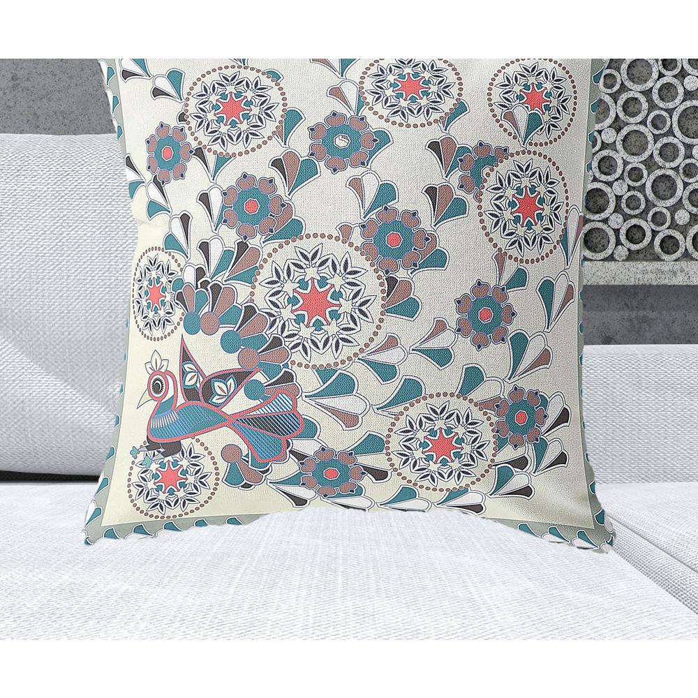 28" x 28" Off White Peacock Blown Seam Floral Indoor Outdoor Throw Pillow. Picture 2