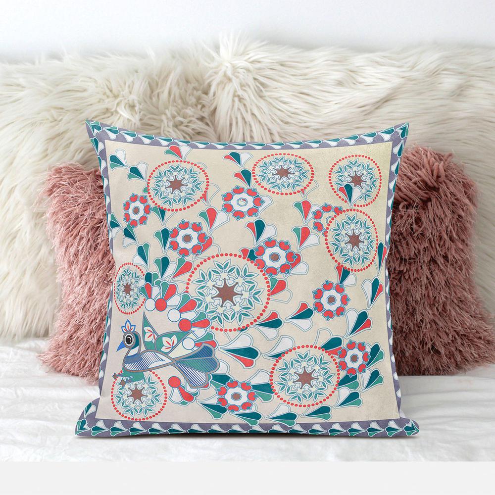 16" x 16" Off White Peacock Blown Seam Floral Indoor Outdoor Throw Pillow. Picture 3