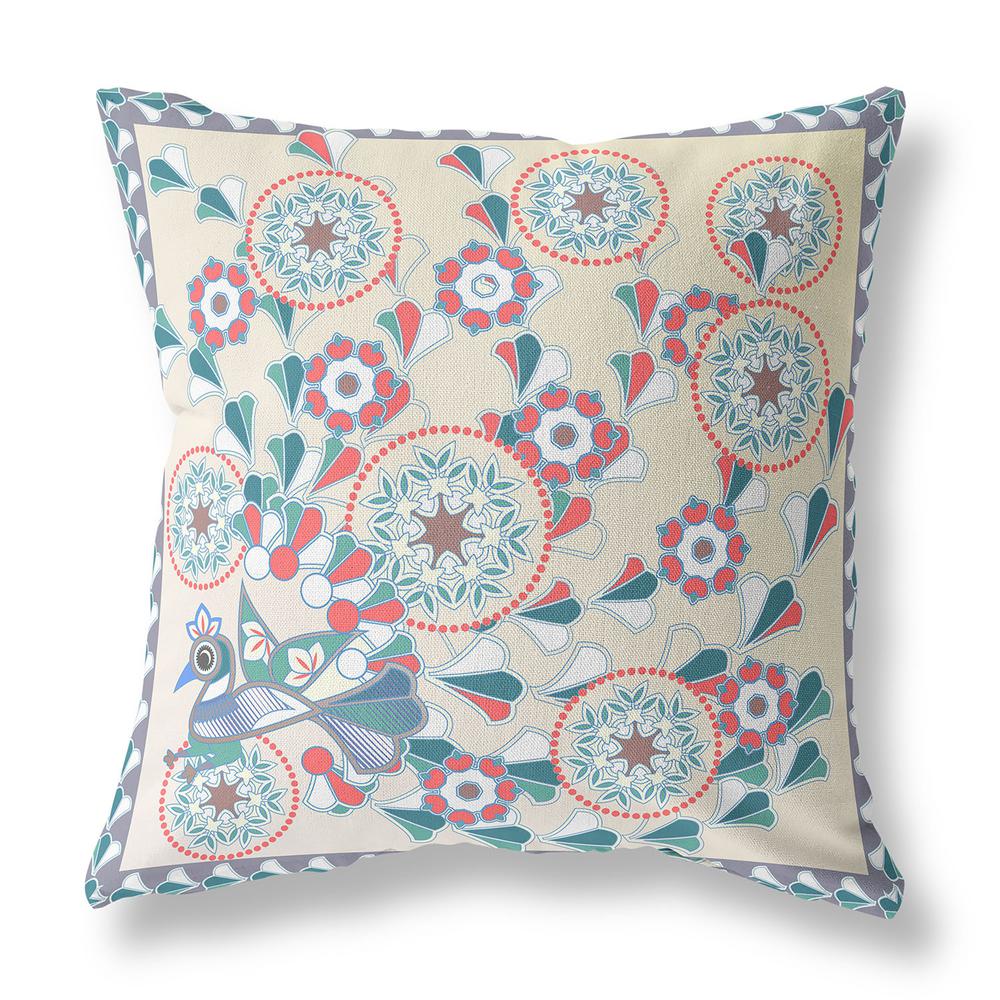16" x 16" Off White Peacock Blown Seam Floral Indoor Outdoor Throw Pillow. Picture 1