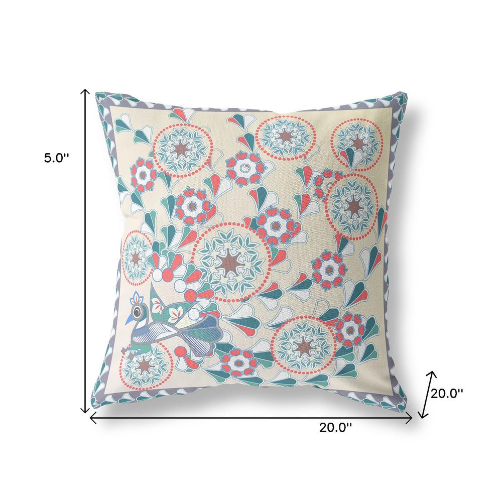20" x 20" Off White Peacock Blown Seam Floral Indoor Outdoor Throw Pillow. Picture 7