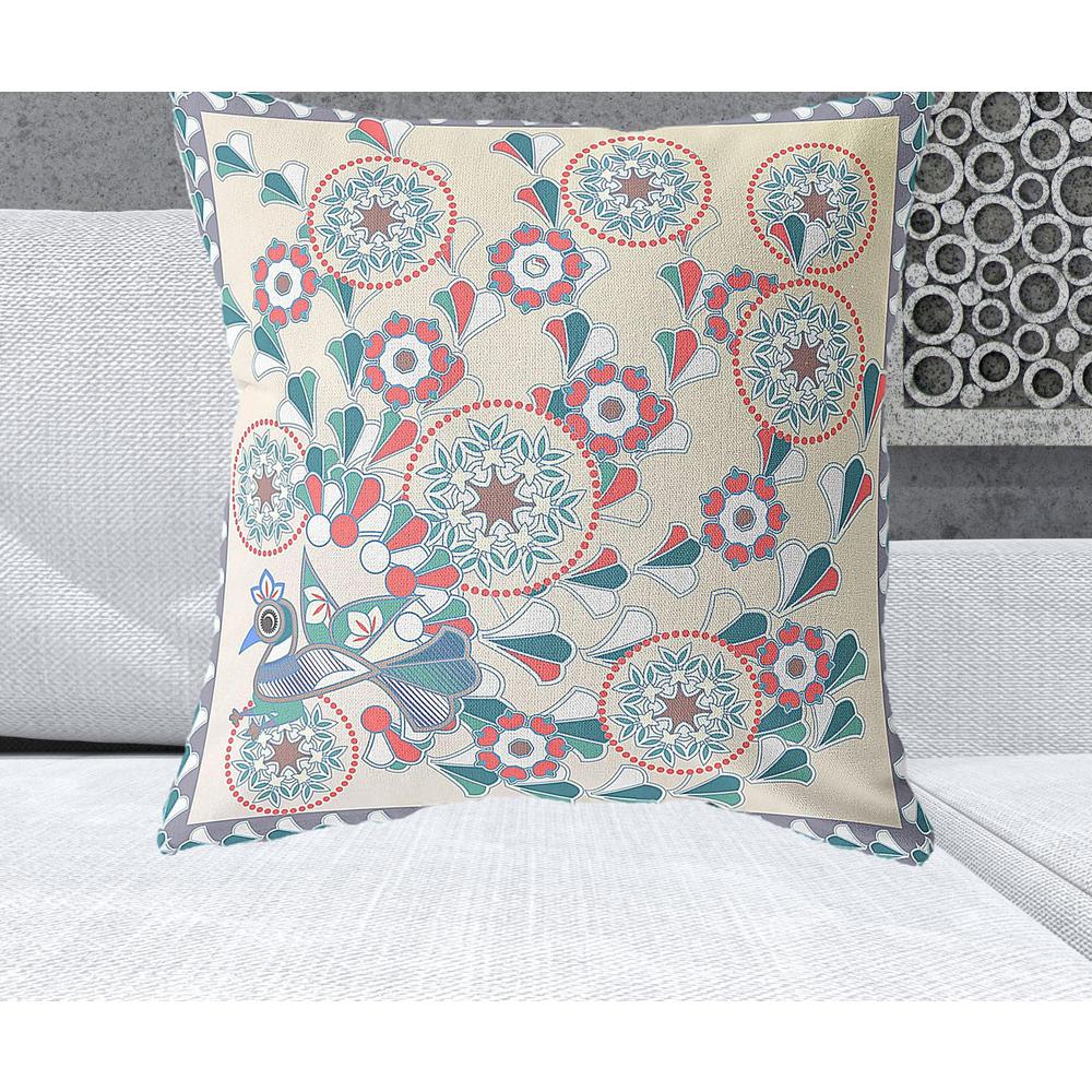 26" x 26" Off White Peacock Blown Seam Floral Indoor Outdoor Throw Pillow. Picture 2