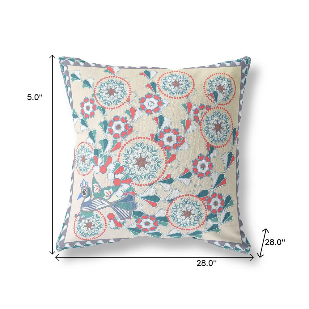 28" x 28" Off White Peacock Blown Seam Floral Indoor Outdoor Throw Pillow. Picture 7