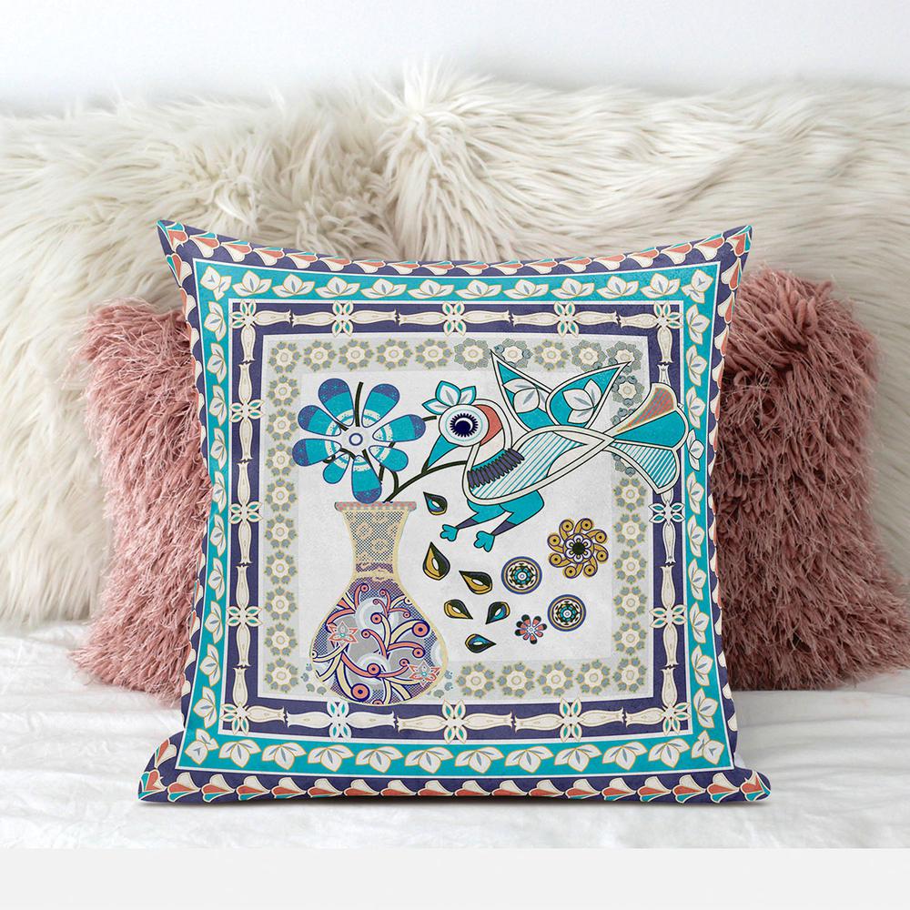 16" x 16" Cream Peacock Blown Seam Floral Indoor Outdoor Throw Pillow. Picture 3
