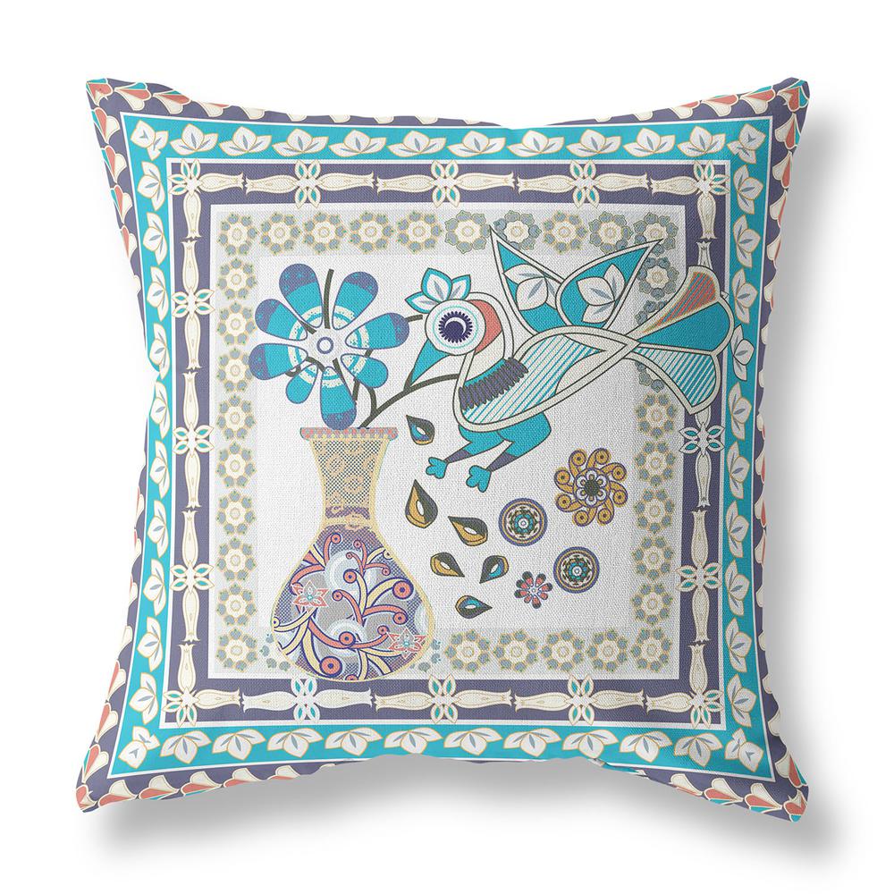 16" x 16" Cream Peacock Blown Seam Floral Indoor Outdoor Throw Pillow. Picture 1