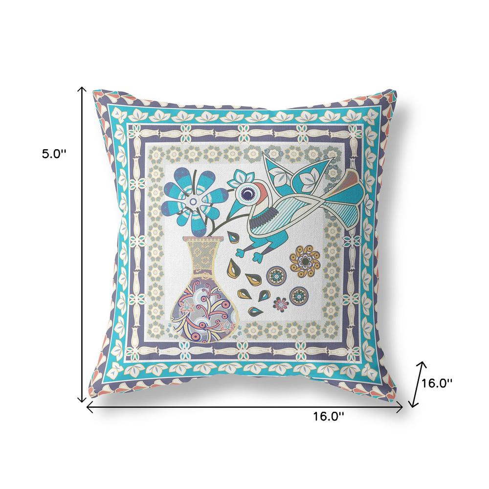 16" x 16" Cream Peacock Blown Seam Floral Indoor Outdoor Throw Pillow. Picture 7