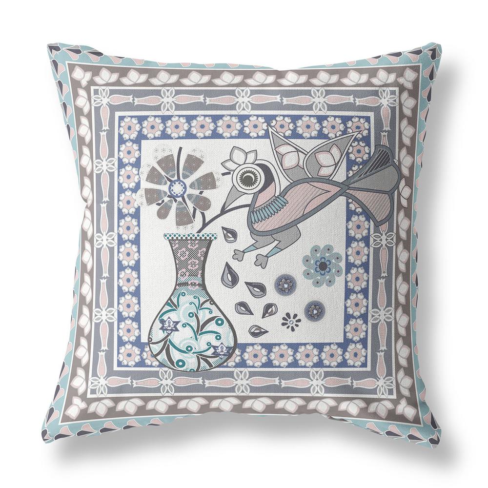 18" x 18" Blue and Gray Peacock Blown Seam Floral Indoor Outdoor Throw Pillow. Picture 1