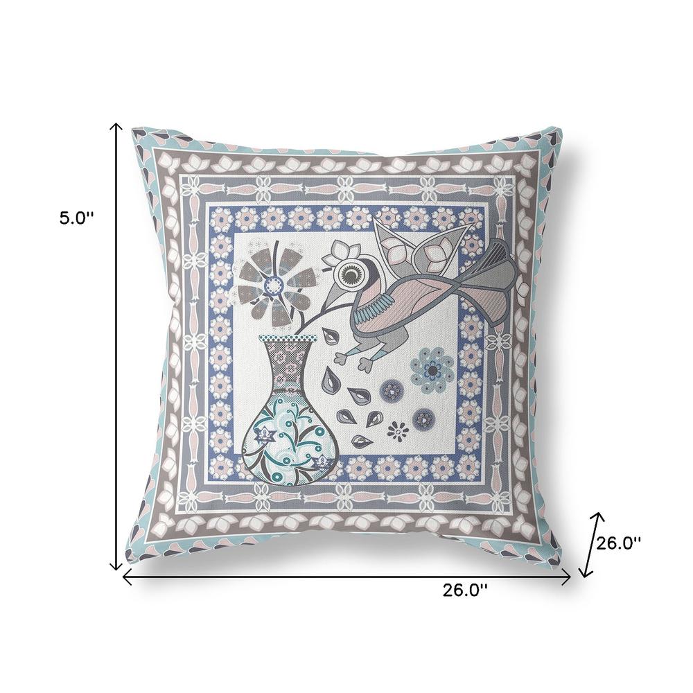 26" x 26" Blue and Gray Peacock Blown Seam Floral Indoor Outdoor Throw Pillow. Picture 7