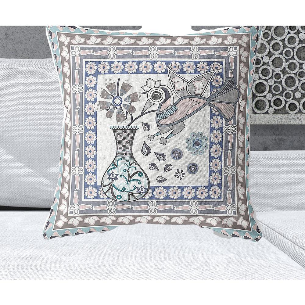 26" x 26" Blue and Gray Peacock Blown Seam Floral Indoor Outdoor Throw Pillow. Picture 2