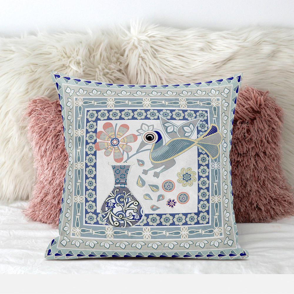 16" x 16" Blue and White Peacock Blown Seam Floral Indoor Outdoor Throw Pillow. Picture 3
