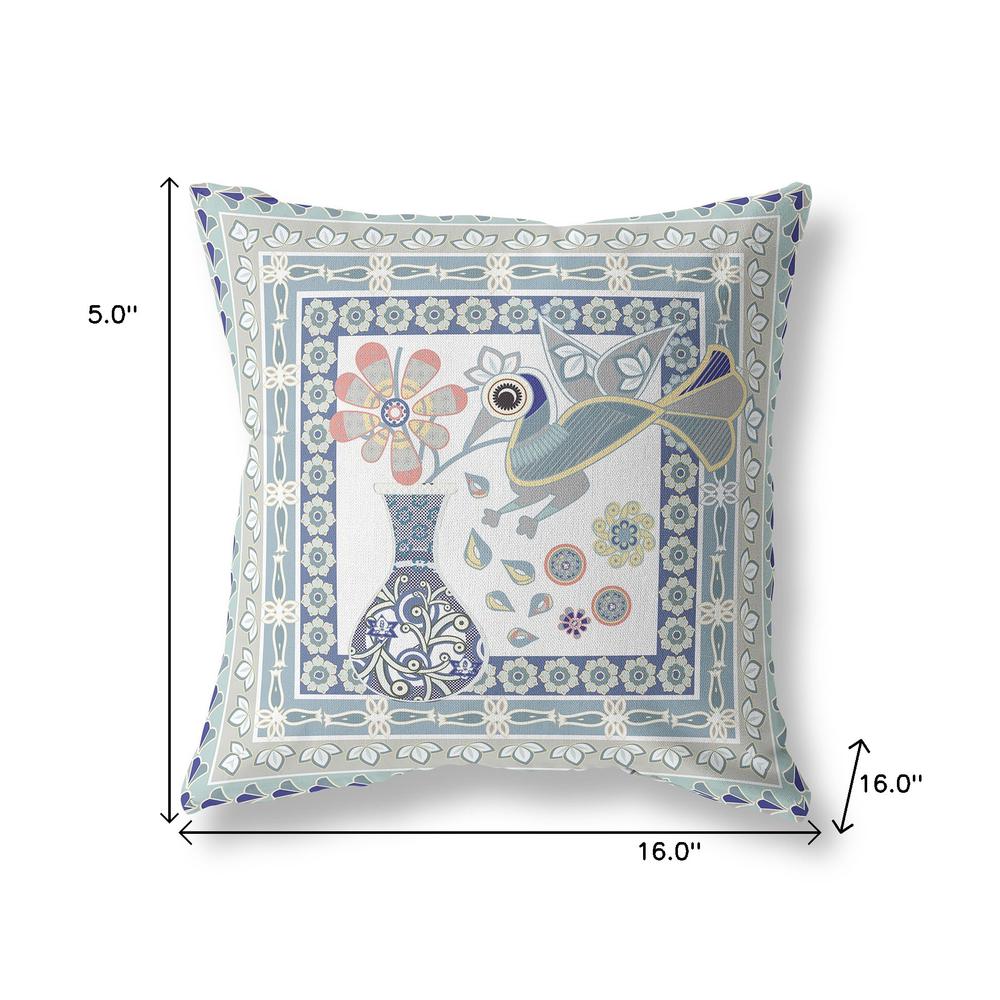 16" x 16" Blue and White Peacock Blown Seam Floral Indoor Outdoor Throw Pillow. Picture 7
