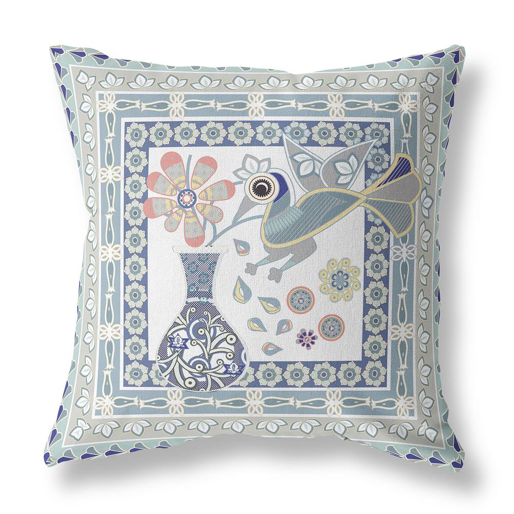 18" x 18" Blue and White Peacock Blown Seam Floral Indoor Outdoor Throw Pillow. Picture 1