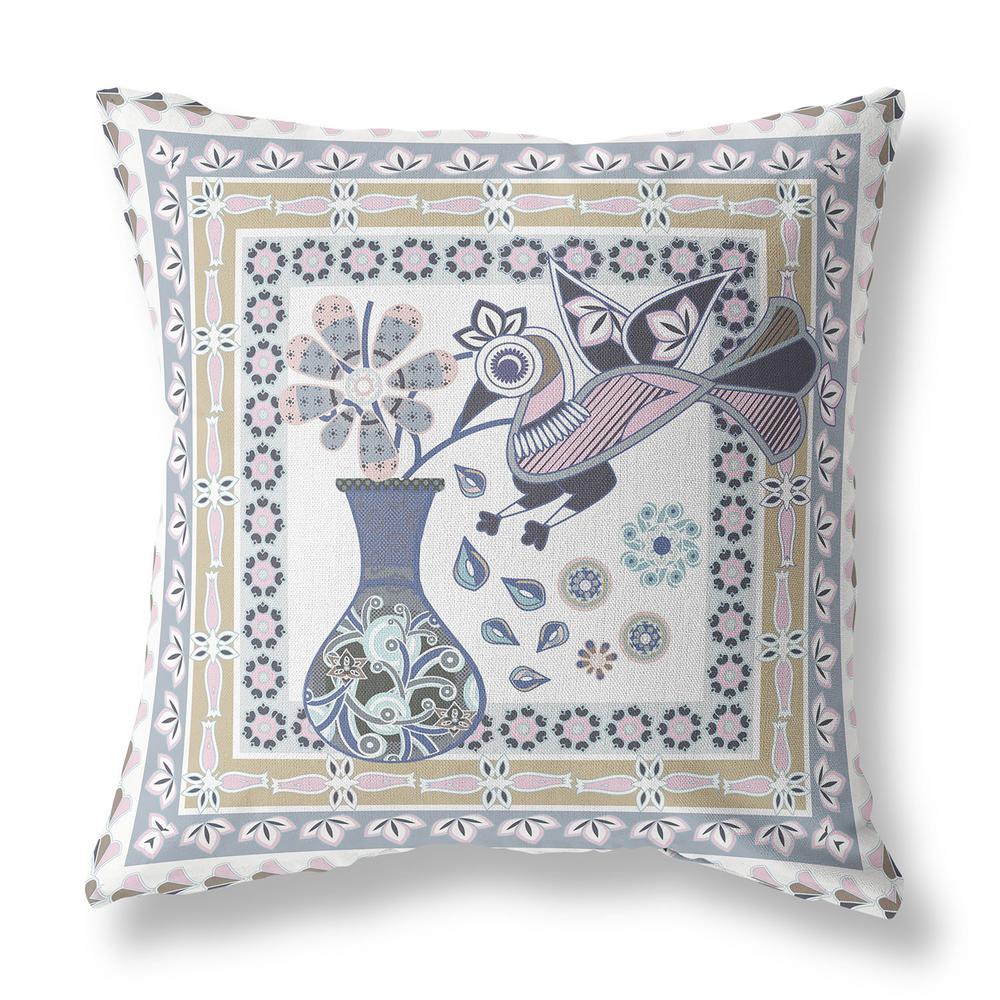 20" x 20" Beige and White Peacock Blown Seam Floral Indoor Outdoor Throw Pillow. Picture 1