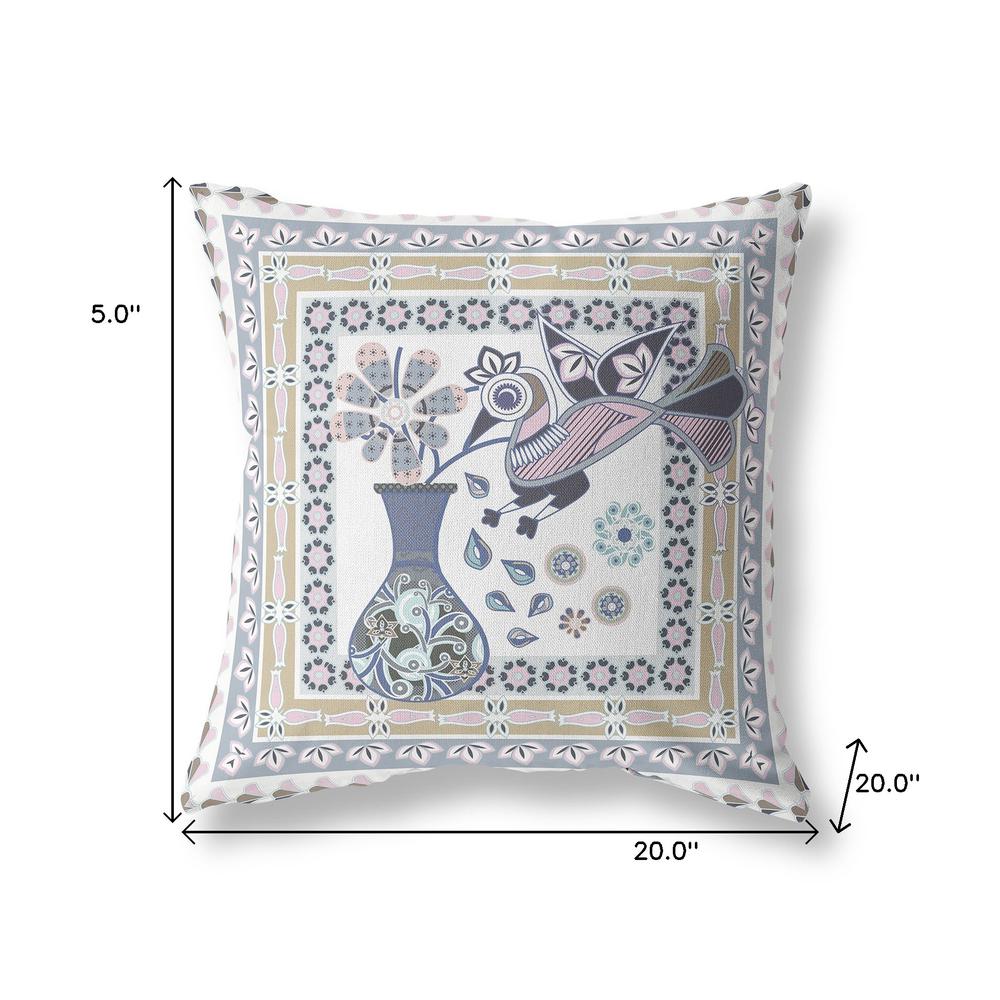 20" x 20" Beige and White Peacock Blown Seam Floral Indoor Outdoor Throw Pillow. Picture 7