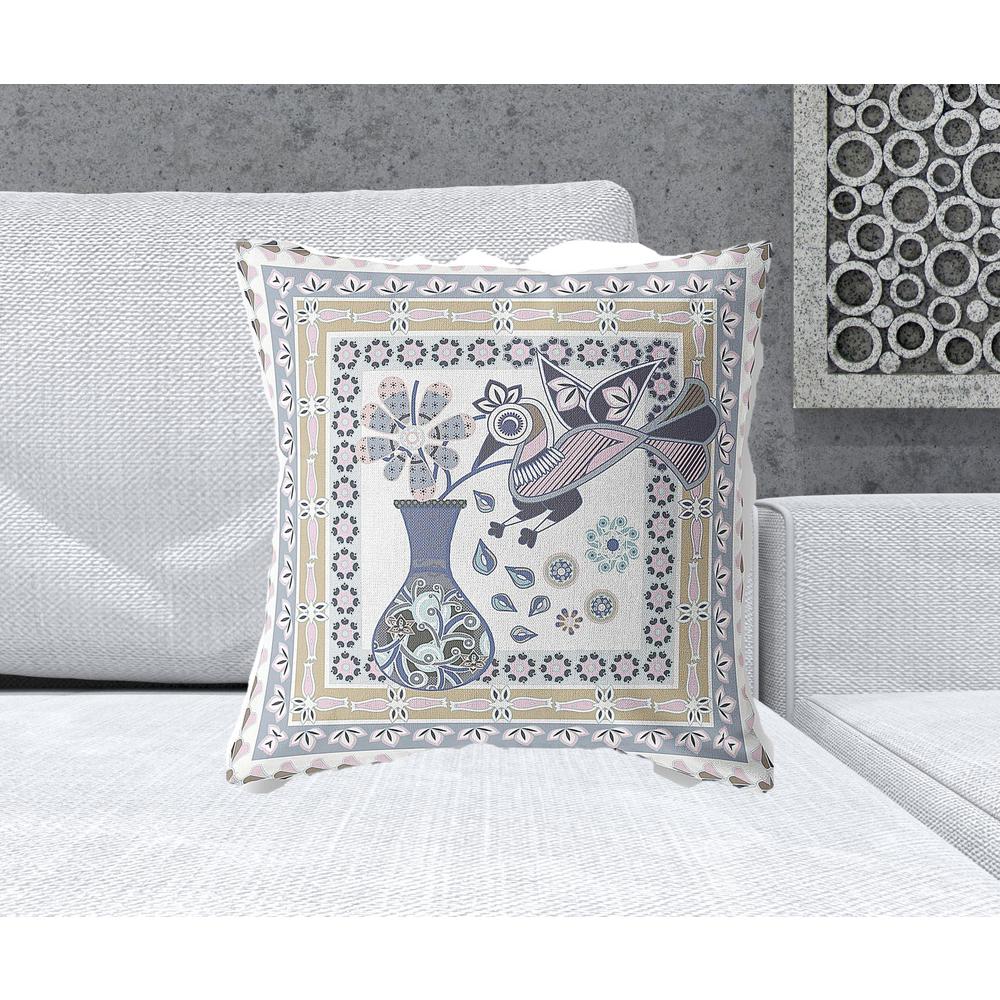 20" x 20" Beige and White Peacock Blown Seam Floral Indoor Outdoor Throw Pillow. Picture 2