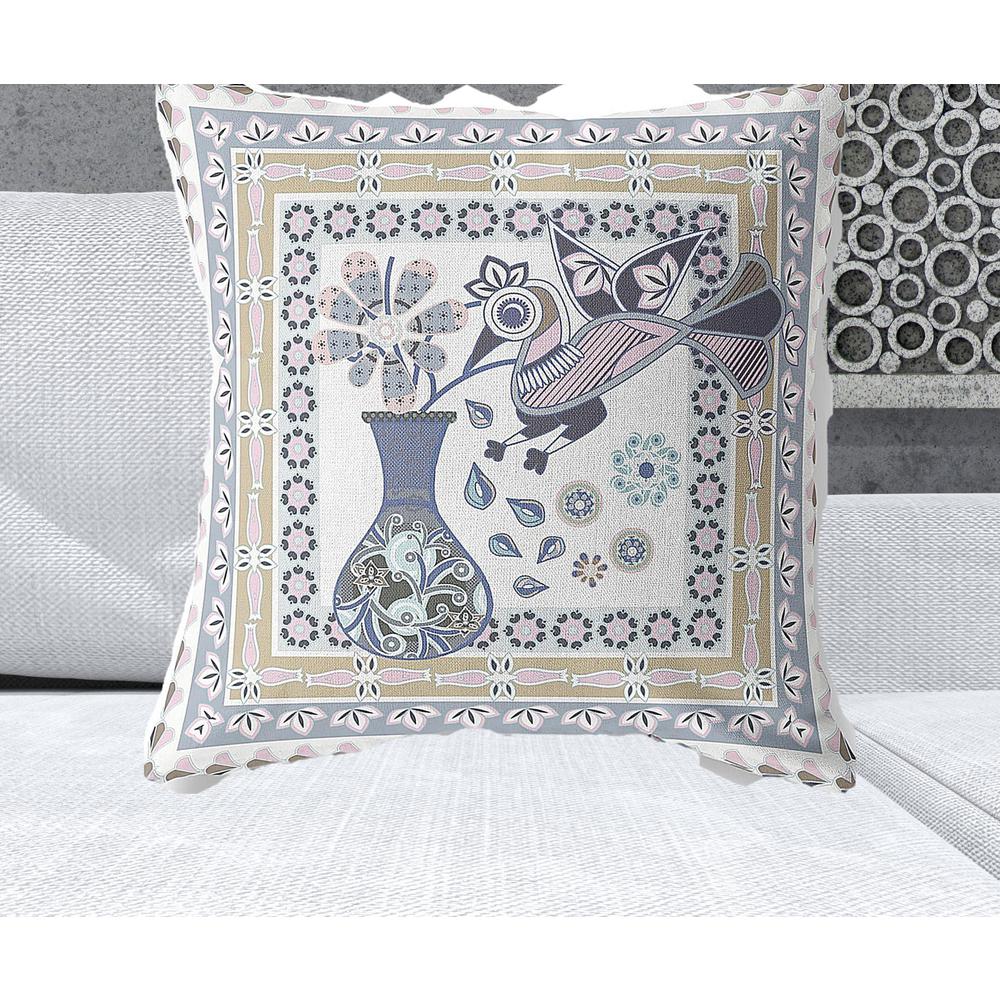 26" x 26" Beige and White Peacock Blown Seam Floral Indoor Outdoor Throw Pillow. Picture 2