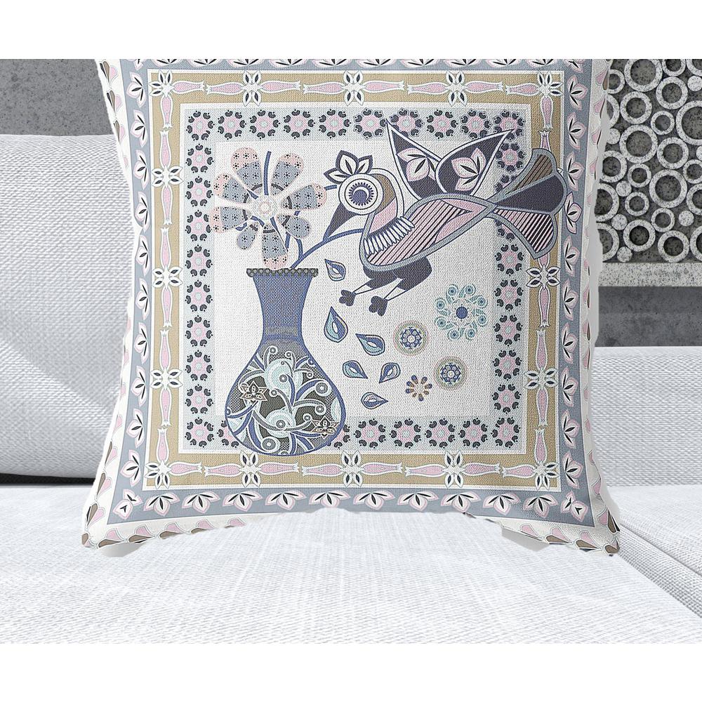 28" x 28" Beige and White Peacock Blown Seam Floral Indoor Outdoor Throw Pillow. Picture 2