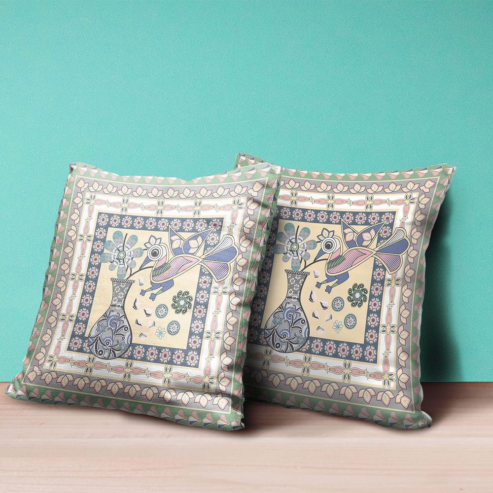 16" x 16" Green Peacock Blown Seam Floral Indoor Outdoor Throw Pillow. Picture 4