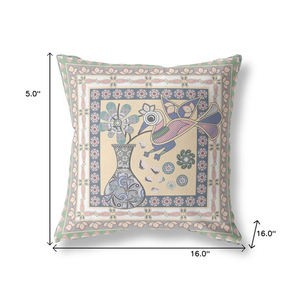 16" x 16" Green Peacock Blown Seam Floral Indoor Outdoor Throw Pillow. Picture 7