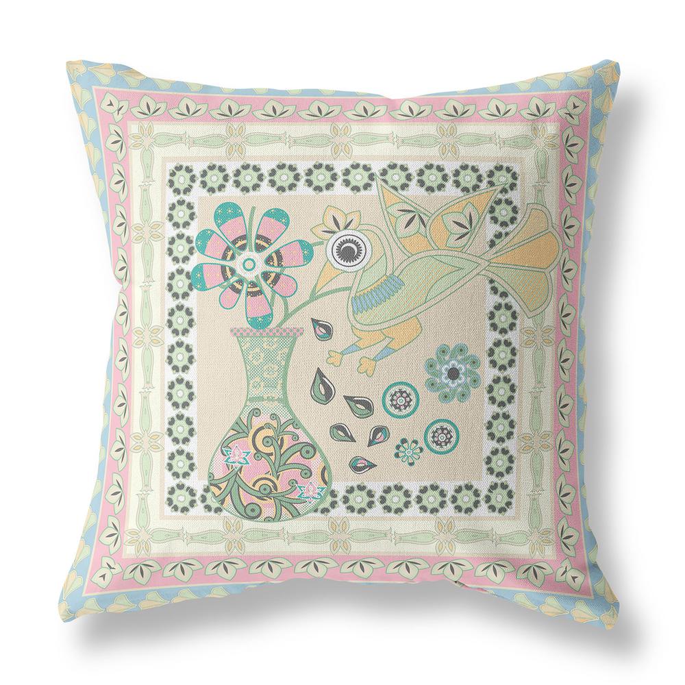16" x 16" Blue and Beige Peacock Blown Seam Floral Indoor Outdoor Throw Pillow. Picture 1