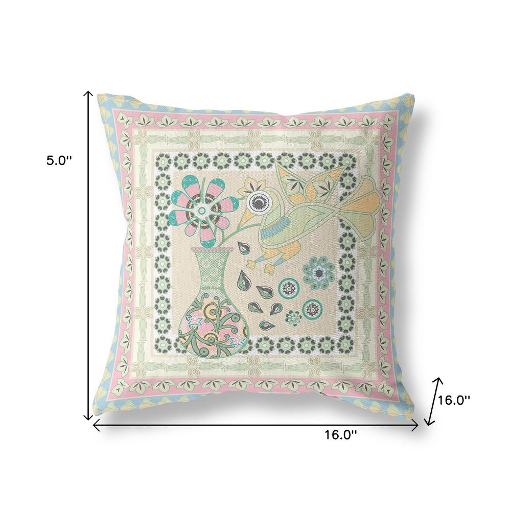 16" x 16" Blue and Beige Peacock Blown Seam Floral Indoor Outdoor Throw Pillow. Picture 7