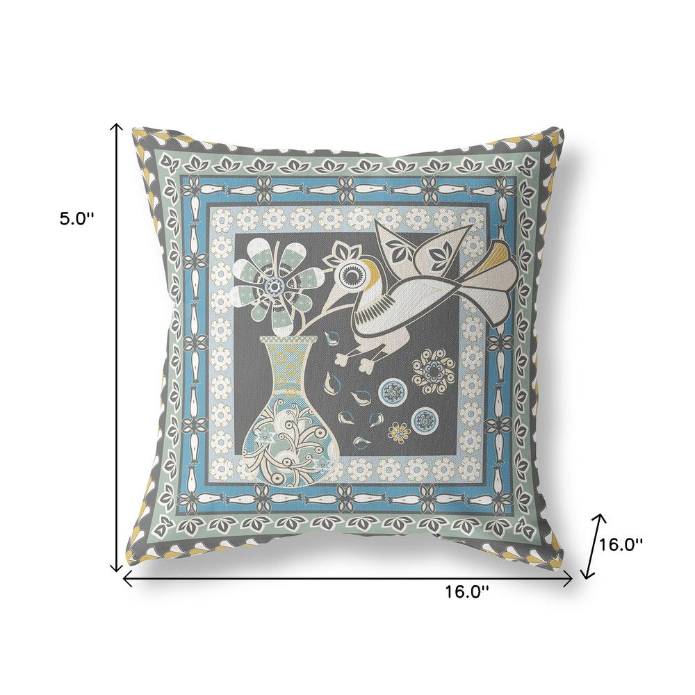 16" x 16" Black and White Peacock Blown Seam Floral Indoor Outdoor Throw Pillow. Picture 7