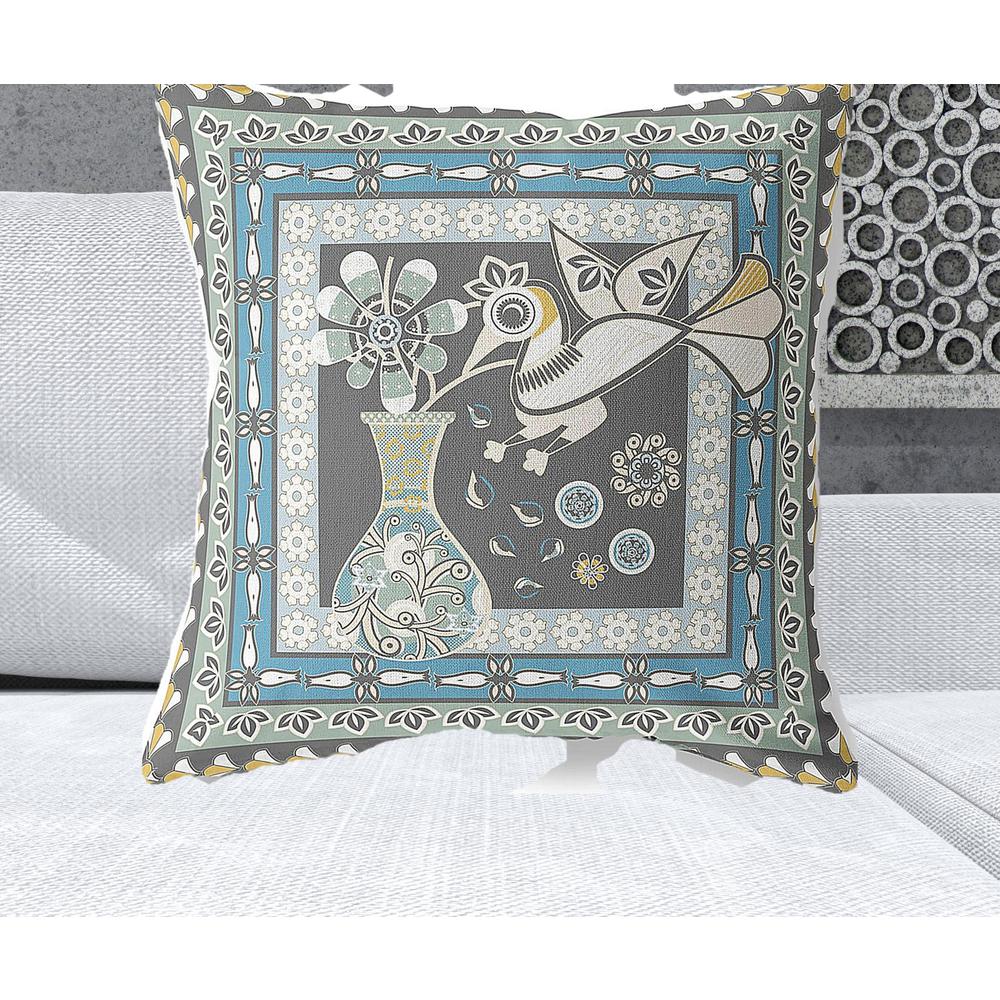 26" x 26" Black and White Peacock Blown Seam Floral Indoor Outdoor Throw Pillow. Picture 2