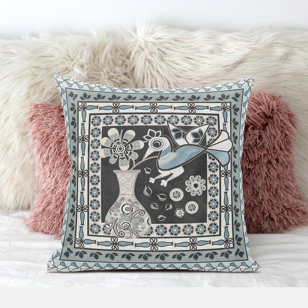 16" x 16" Black and Blue Peacock Blown Seam Floral Indoor Outdoor Throw Pillow. Picture 3