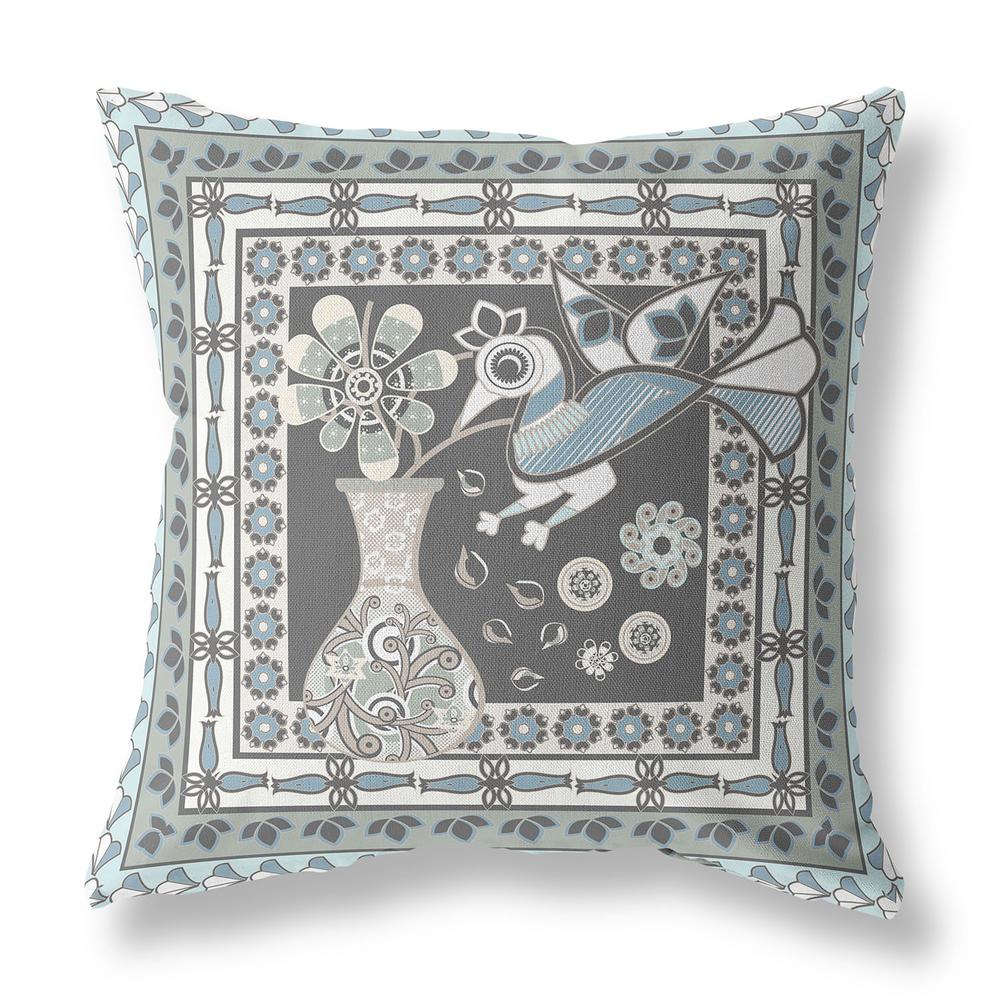 16" x 16" Black and Blue Peacock Blown Seam Floral Indoor Outdoor Throw Pillow. Picture 1