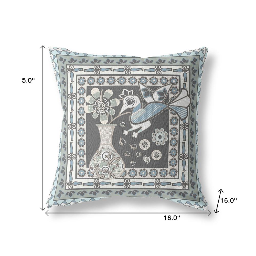 16" x 16" Black and Blue Peacock Blown Seam Floral Indoor Outdoor Throw Pillow. Picture 7