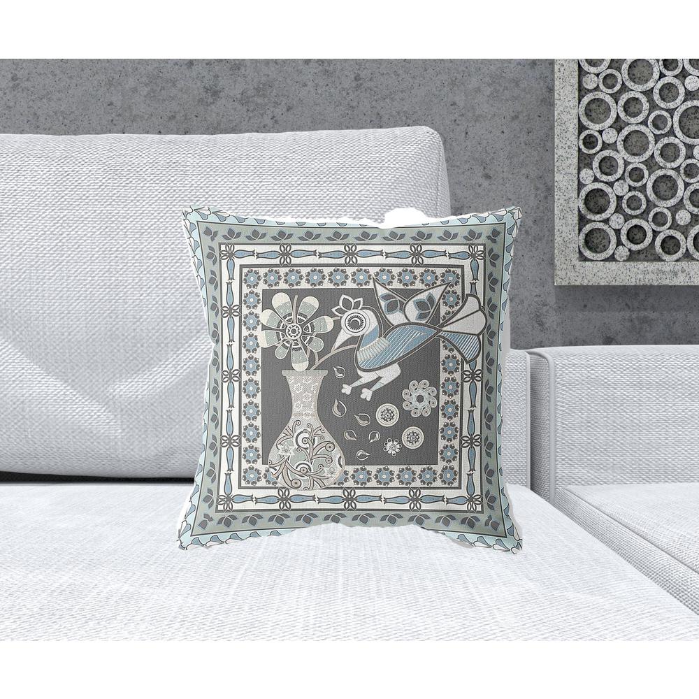 18" x 18" Black and Blue Peacock Blown Seam Floral Indoor Outdoor Throw Pillow. Picture 2
