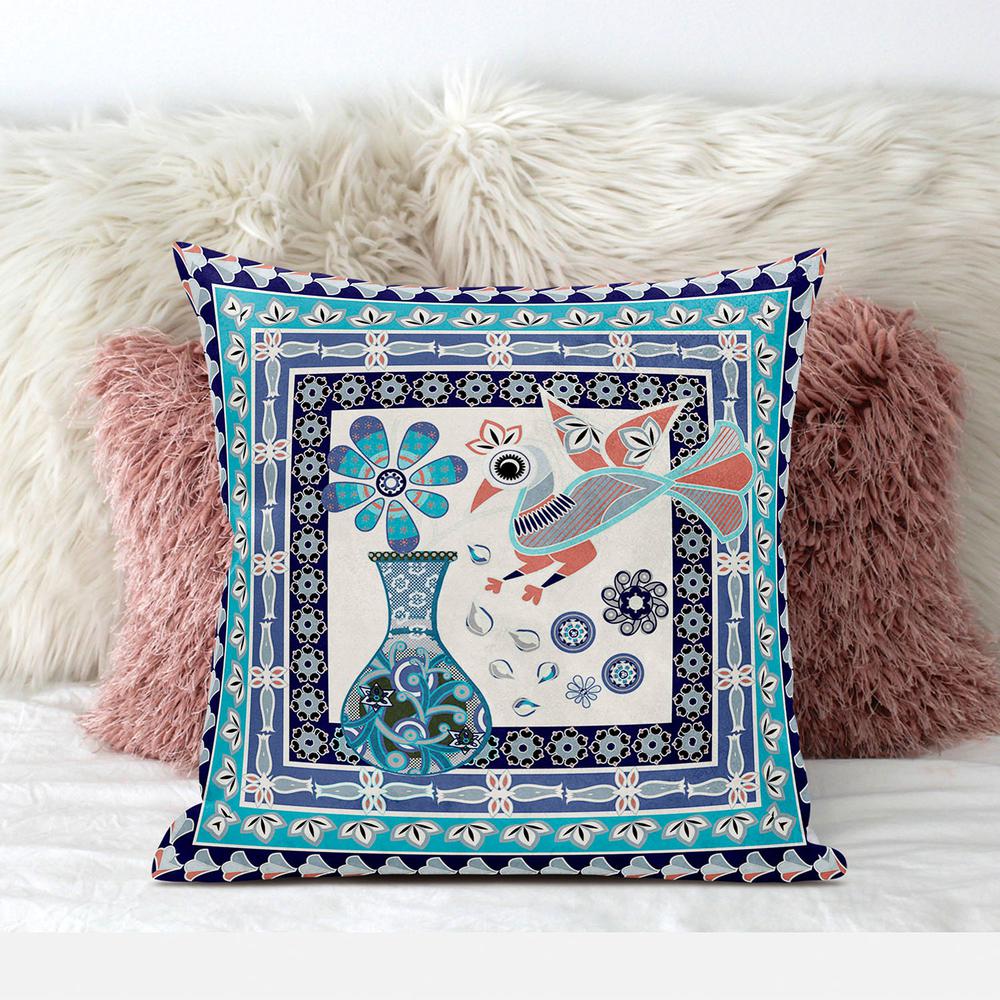 16" x 16" Blue, Off White Peacock Blown Seam Floral Indoor Outdoor Throw Pillow. Picture 3